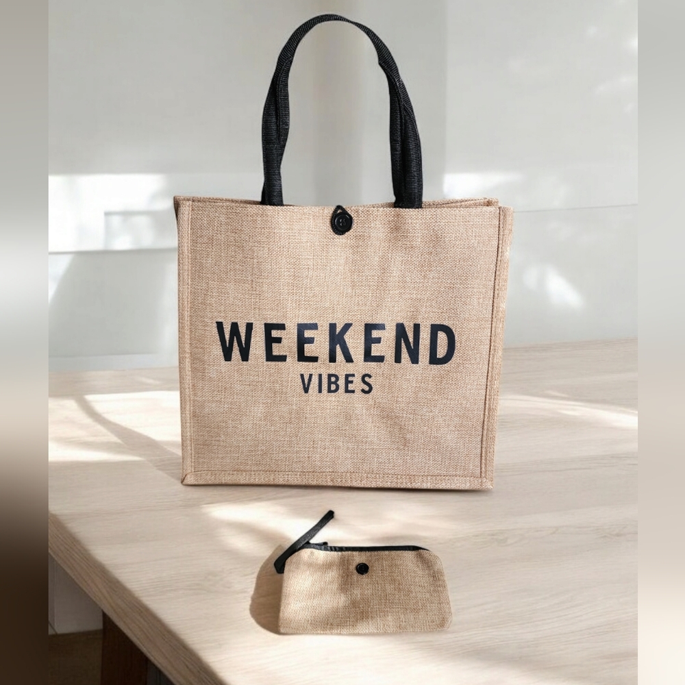Fabric "Weekend Vibes" Tote Bag and Pouch